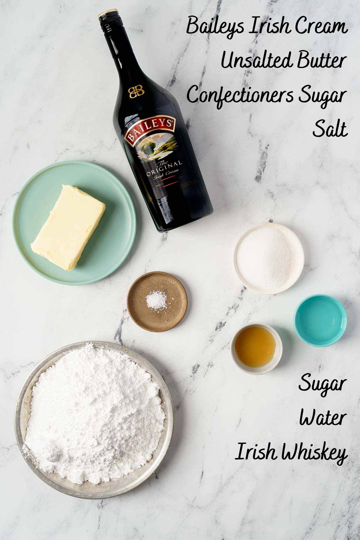 ghlaze and frosting ingredients on counter. 
