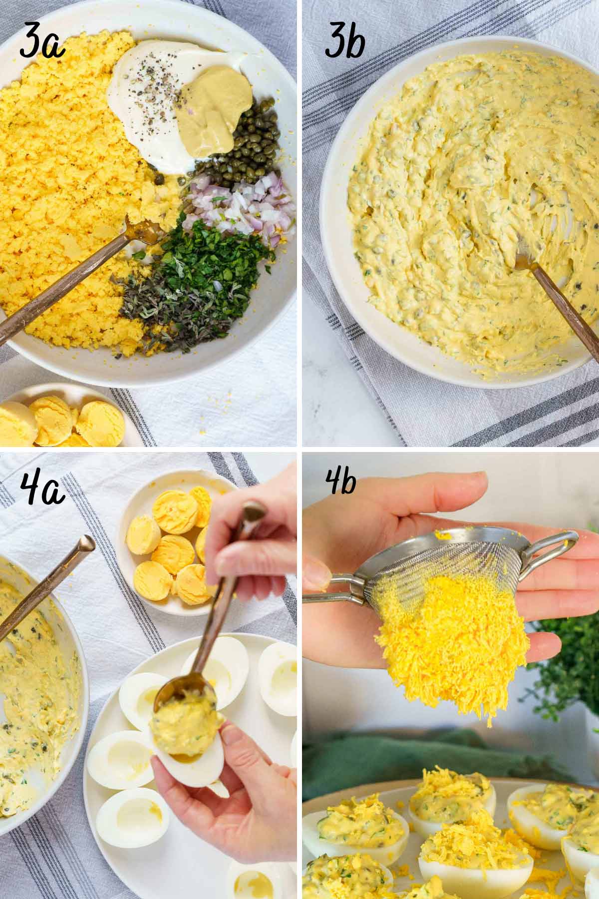 filling the eggs and grating the egg yolks over the top. 