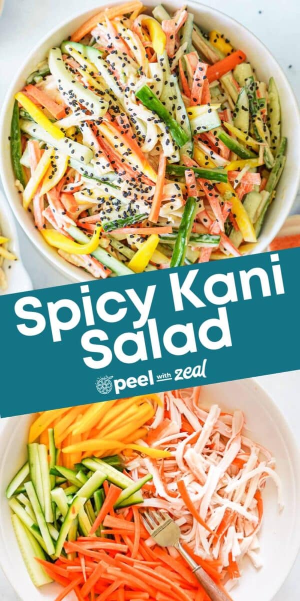 Two bowls of spicy kani salad with shredded imitation crab, cucumber, carrot, and mango, topped with black sesame seeds. One bowl is mixed together while the other displays the salad components separated.