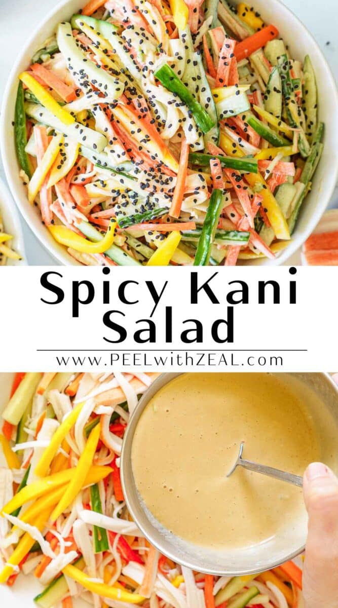 Oval bowl of spicy kani salad with julienned crab sticks, cucumber, and mango, topped with black sesame seeds; below, ingredients and a bowl of creamy dressing with spoon.