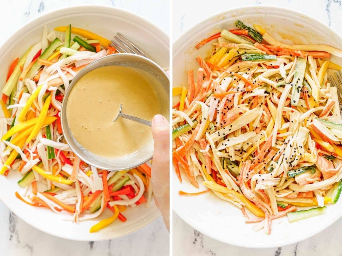 Two side-by-side images show a bowl of sliced vegetables with dressing being poured on the left, and the same spicy kani salad mixed with dressing and sesame seeds on the right.