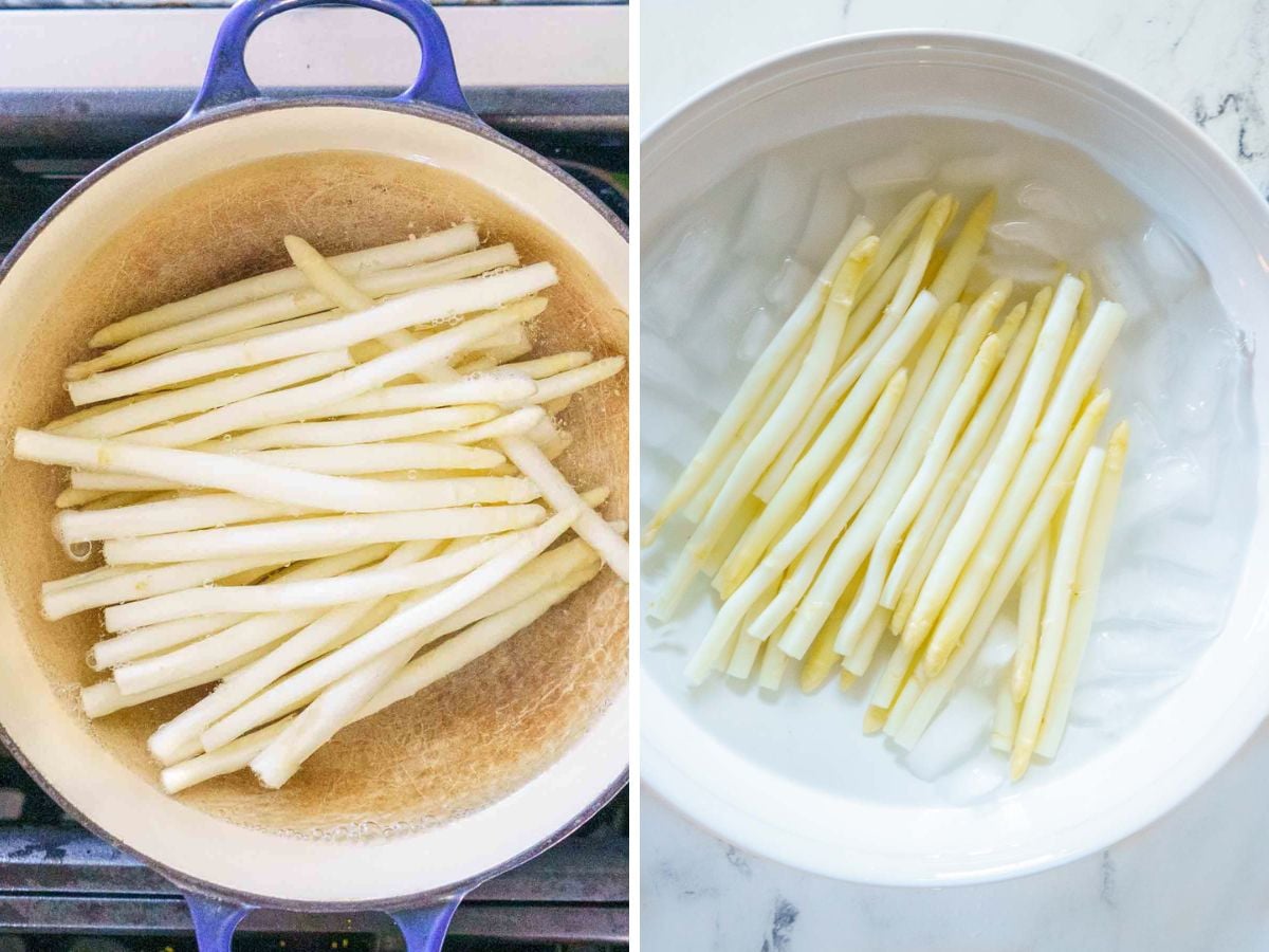 Two images side by side: white asparagus spears cooking in a pot (left) and cooling in an ice water bowl (right), illustrating a key step in a classic white asparagus recipe.