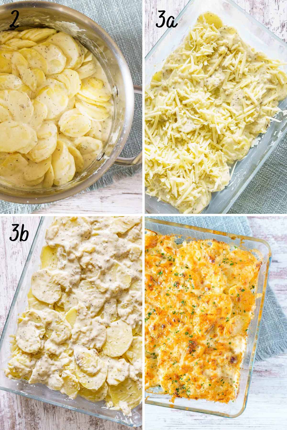 visual tutorial for making scalloped potatoes without flour. 