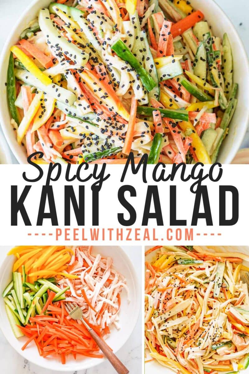 A vibrant bowl of spicy kani salad features julienned mango, cucumber, carrots, imitation crab, and black sesame seeds, displayed alongside the fresh ingredients and the mixed spicy Kani salad.