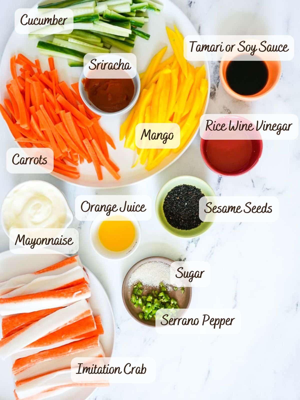 A variety of sushi roll ingredients arranged in bowls and plates, including cucumber, carrots, mango, imitation crab for spicy kani salad, sauces, seasonings, and vegetables, each labeled.
