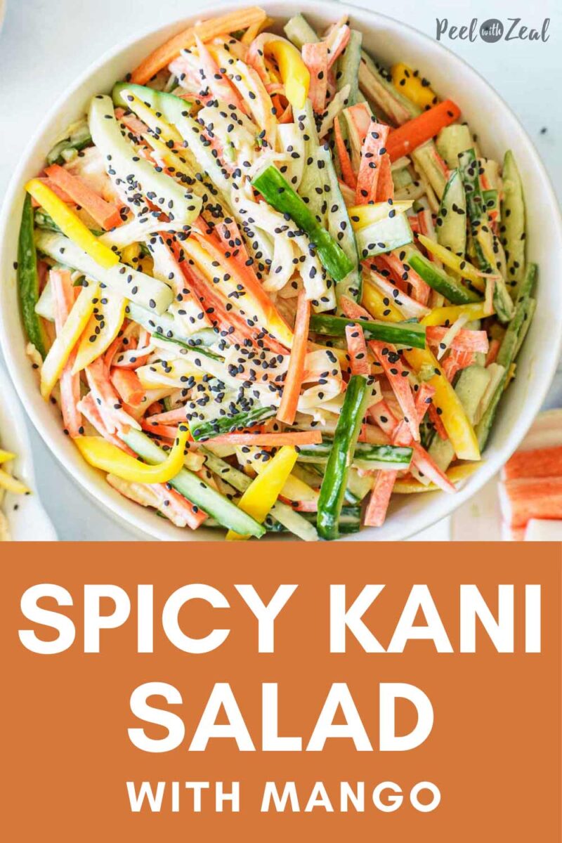 spicy kani salad in white serving bowl.