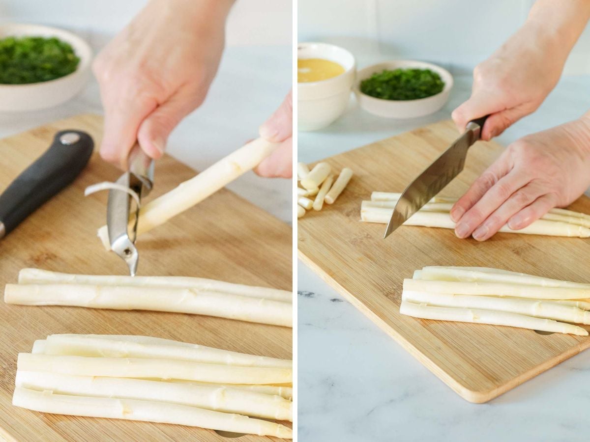 Two-panel image showing hands peeling white asparagus with a peeler on the left and slicing the peeled asparagus with a knife on a cutting board on the right-perfect steps for any white asparagus recipe.
