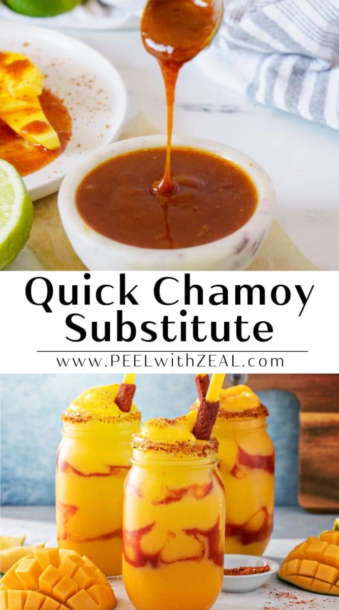 A spoon drizzles chamoy sauce over a plate. Below, three vibrant mango drinks boast chamoy and their rims glisten with a chamoy-dipped flair.