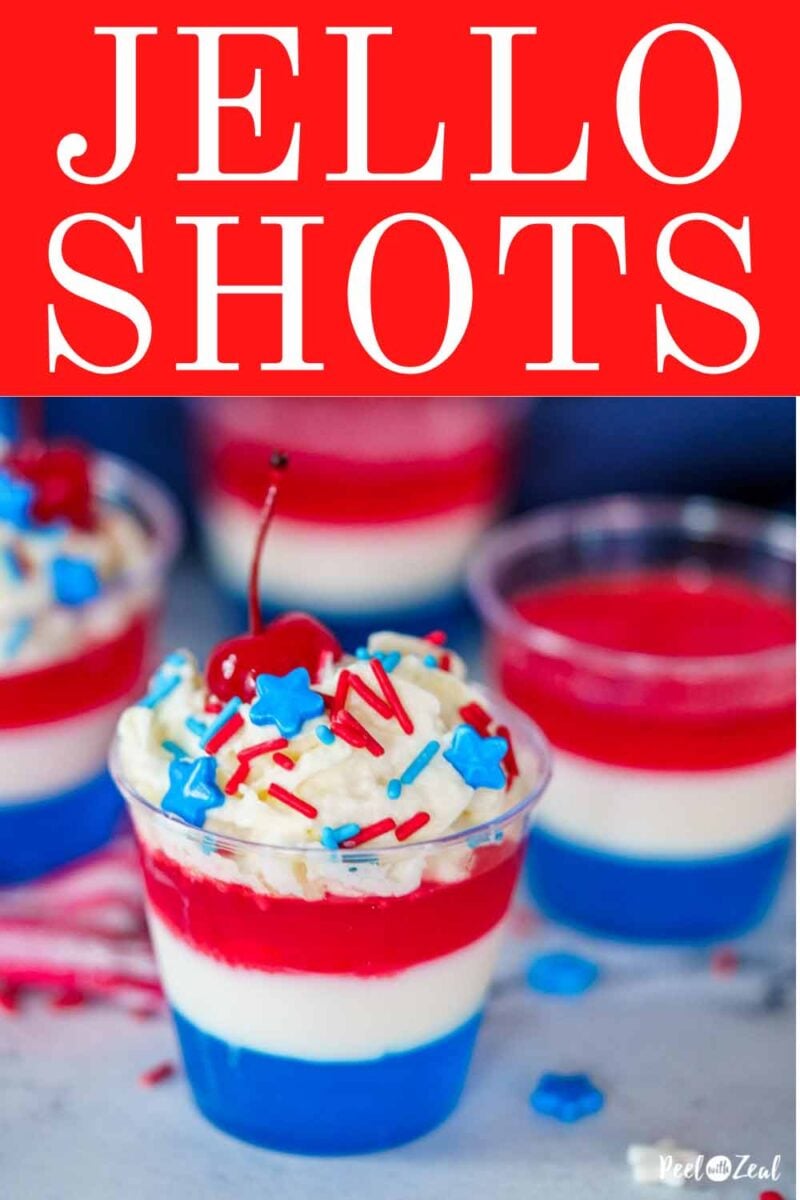red white and blue layered jello shots on counter
