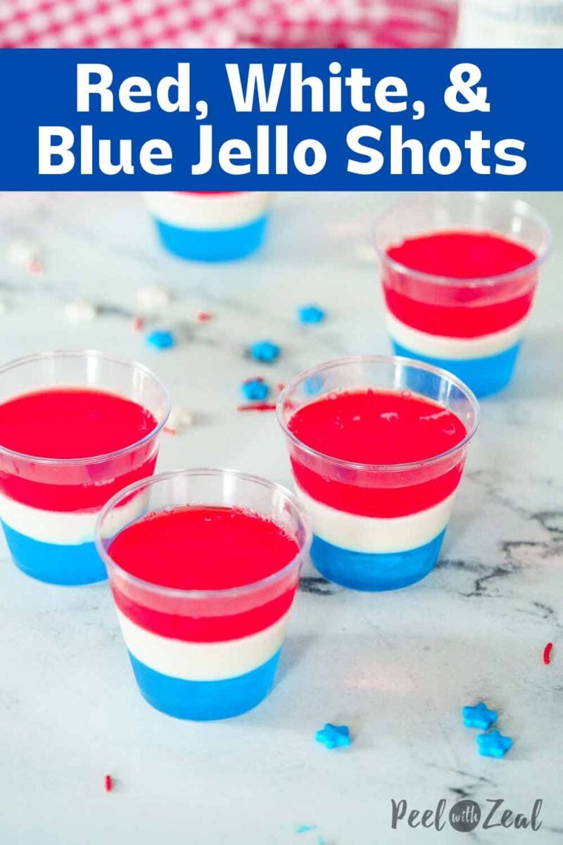 red white and blue layered jello shots on counter