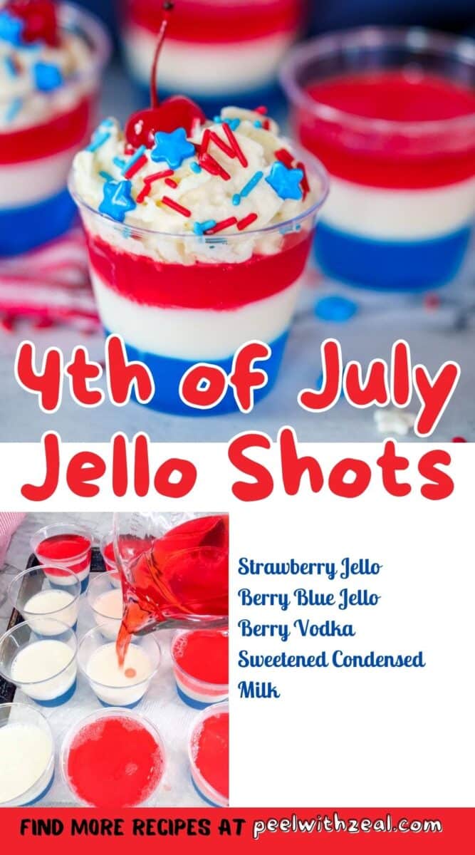 Red white and blue jello shots with whipped cream.