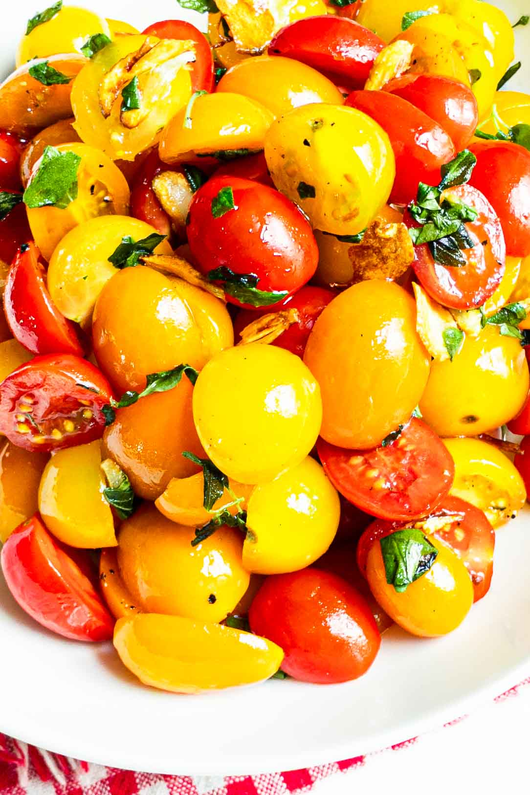 cherry tomato salad in a serving dish