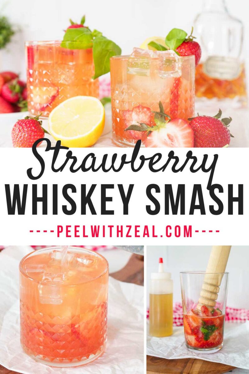 strawberry whiskey smash in a glass