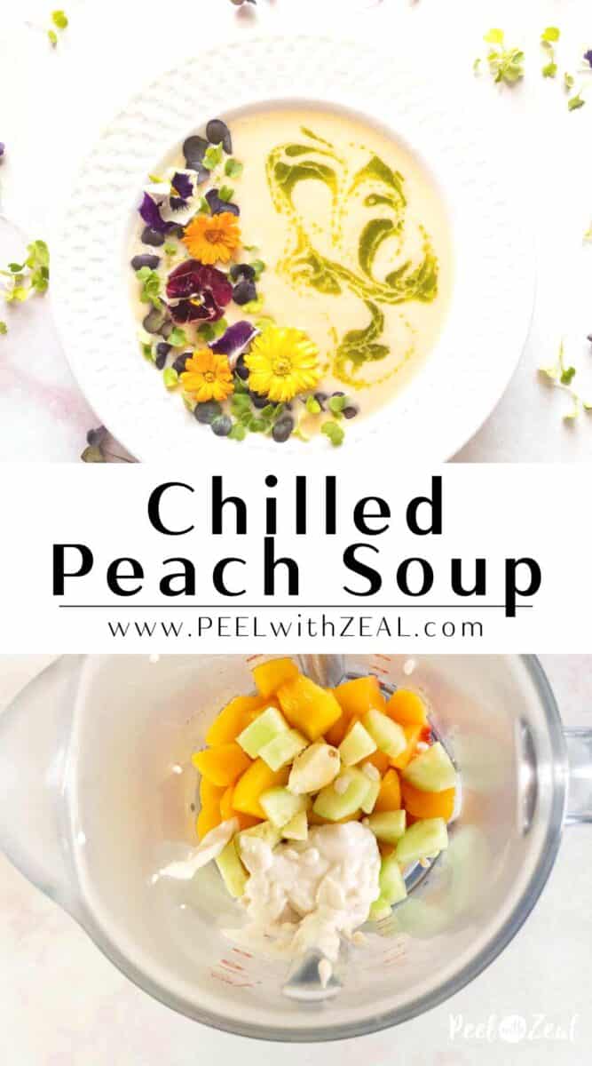 peach soup in a bowl and in a blender