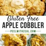 gluten free apple cobbler with vanilla ice cream in a cast iron skillet