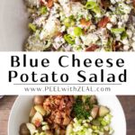 blue cheese potato salad in a serving bowl
