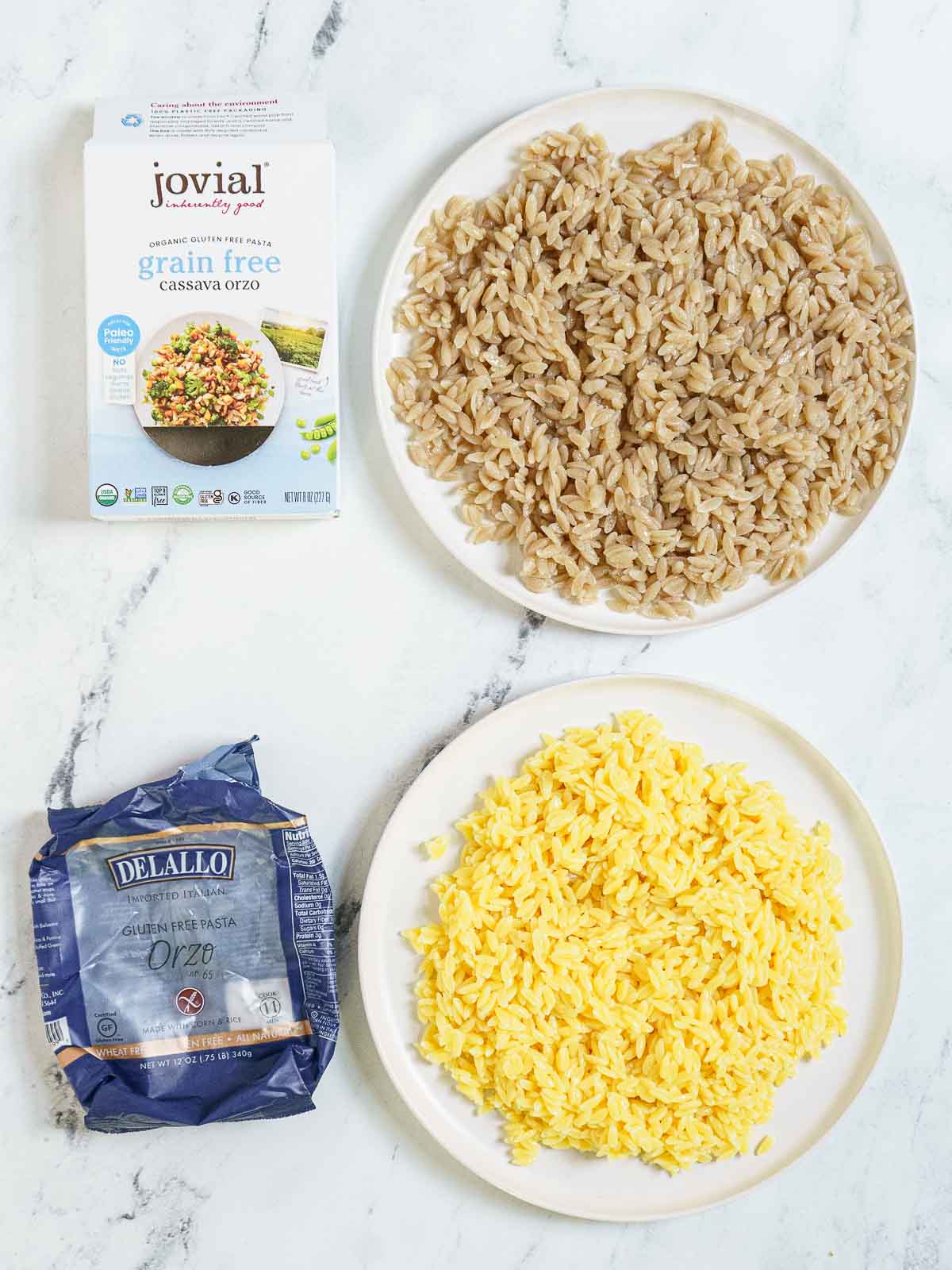 comparing brands of gluten-free orzo, cooked
