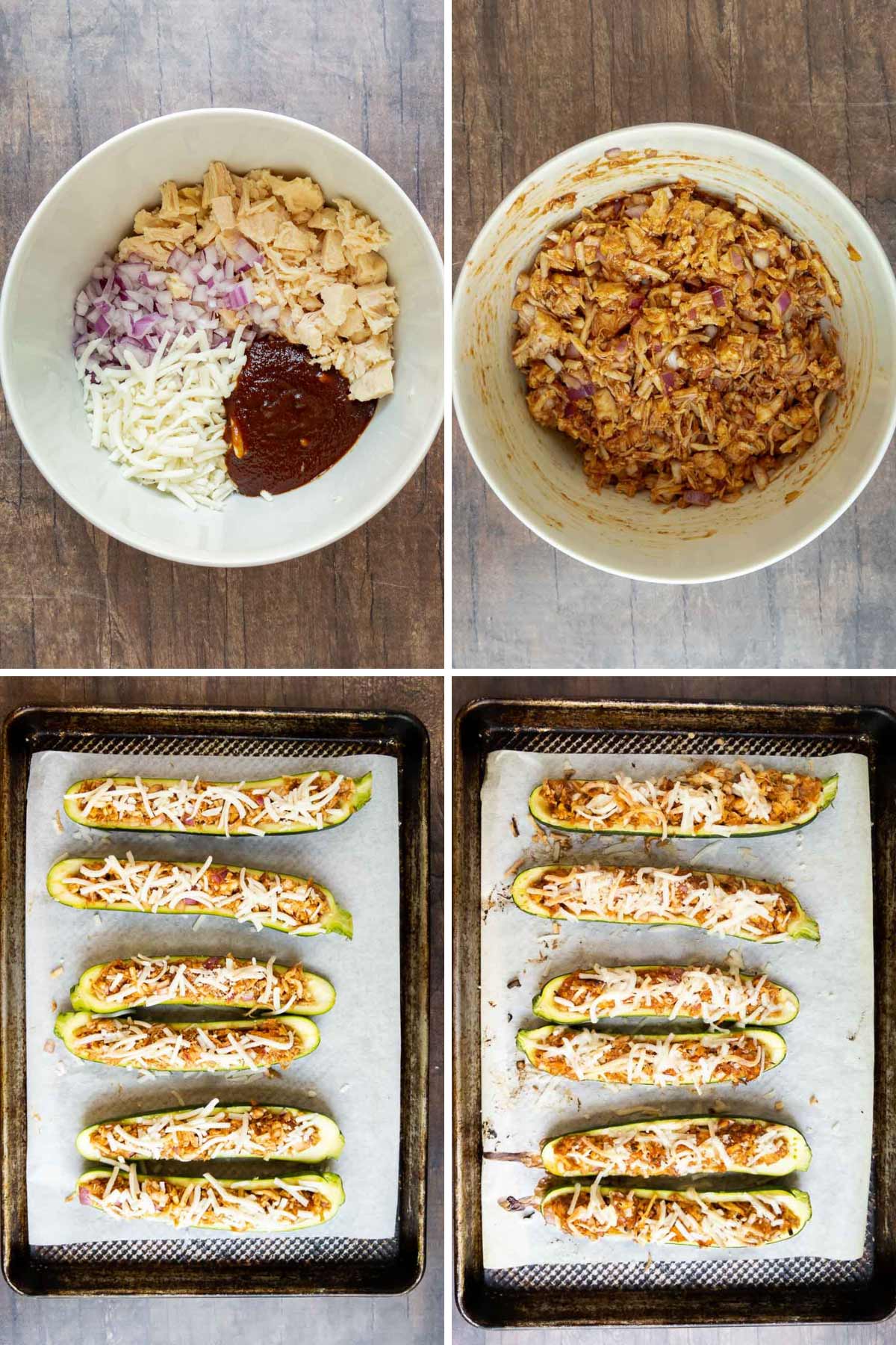 making the chicken filling and filling the zucchini in 4 pictures