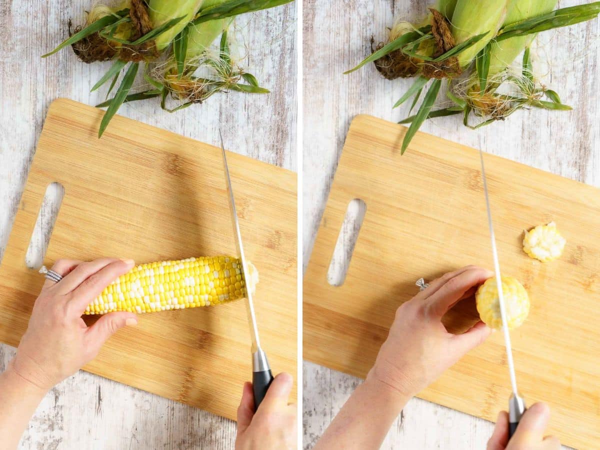 Two images show hands preparing a corn ribs recipe. The left image shows slicing an ear of corn in half; the right image shows cutting the corn crosswise into smaller pieces on a wooden cutting board.