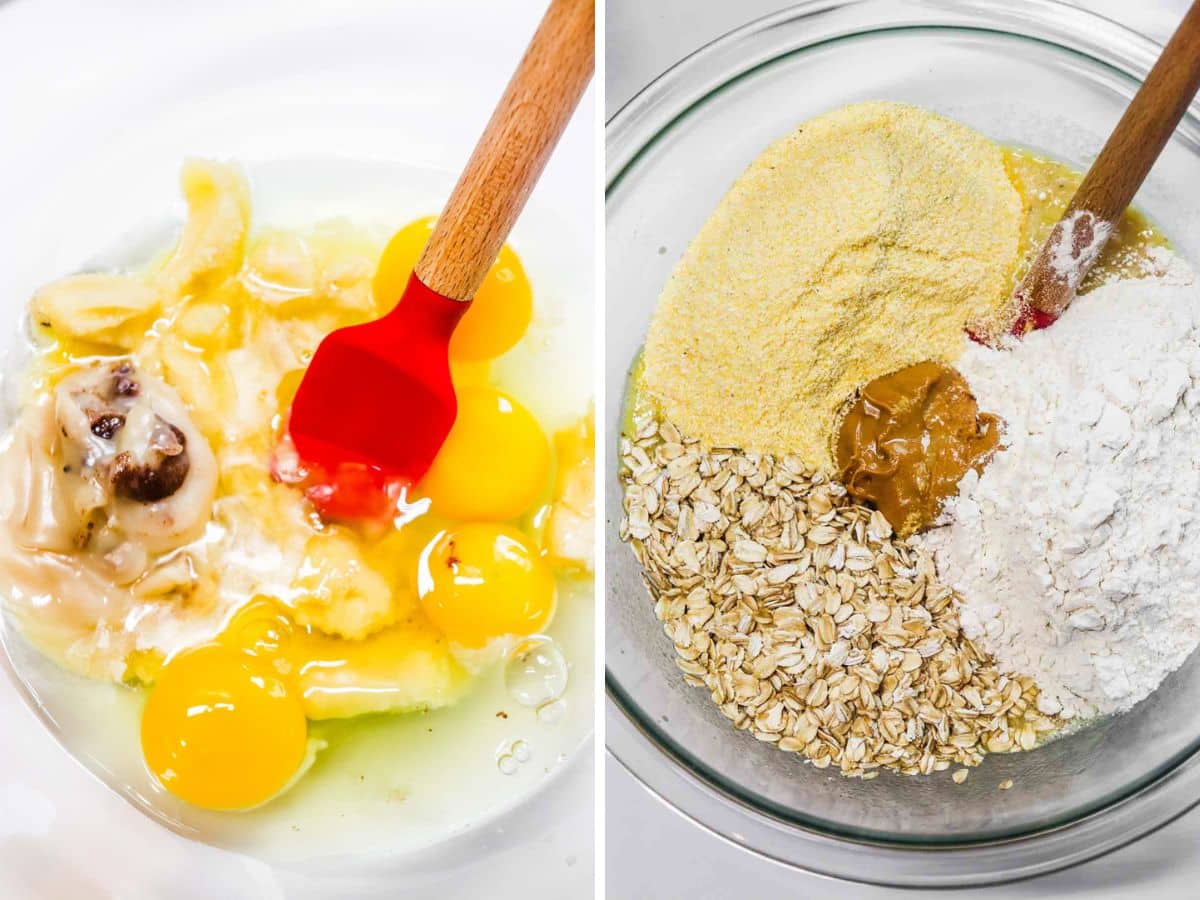 Side-by-side images: on the left, cracked eggs, mashed banana, and vanilla in a bowl; on the right, ingredients for Dehydrated Dog Treats-oats, flour, cornmeal, nut butter, and egg mixture-mixed in a glass bowl with a red spatula.