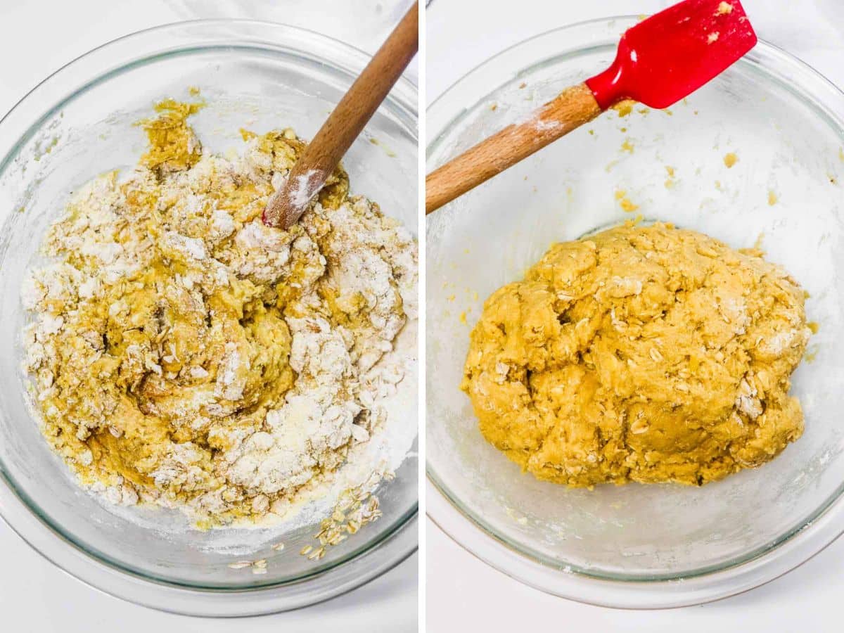 Two side-by-side images show a glass bowl with cookie dough being mixed; on the left is partially mixed dough, while the right features fully combined dough with a red spatula-perfect for making homemade dehydrated dog treats.