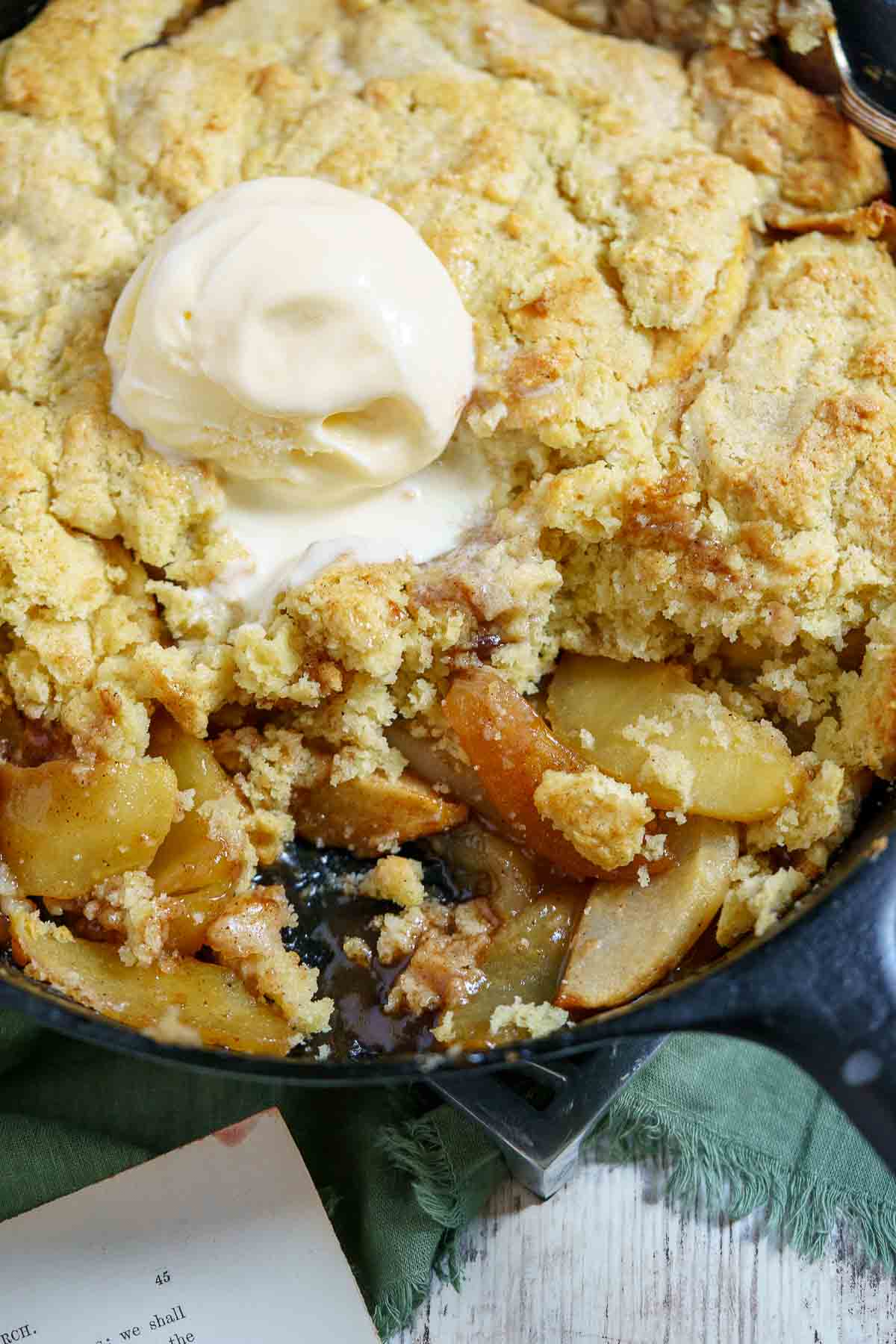 gluten free apple cobbler in a cast iron skillet