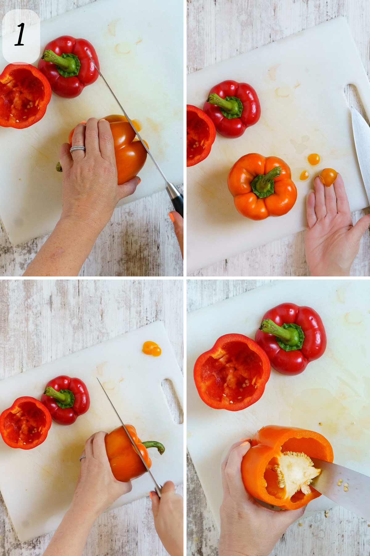 Cutting bell peppers an taking out the center veins.
