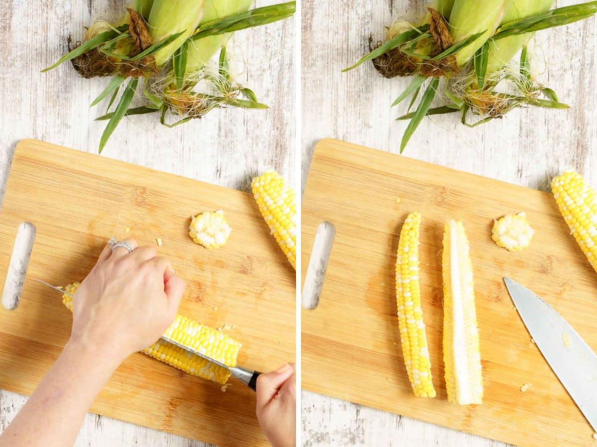Two images show a person preparing corn by cutting kernels off a cob on a wooden cutting board, with corn husks in the background-a perfect step for starting your favorite corn ribs recipe.