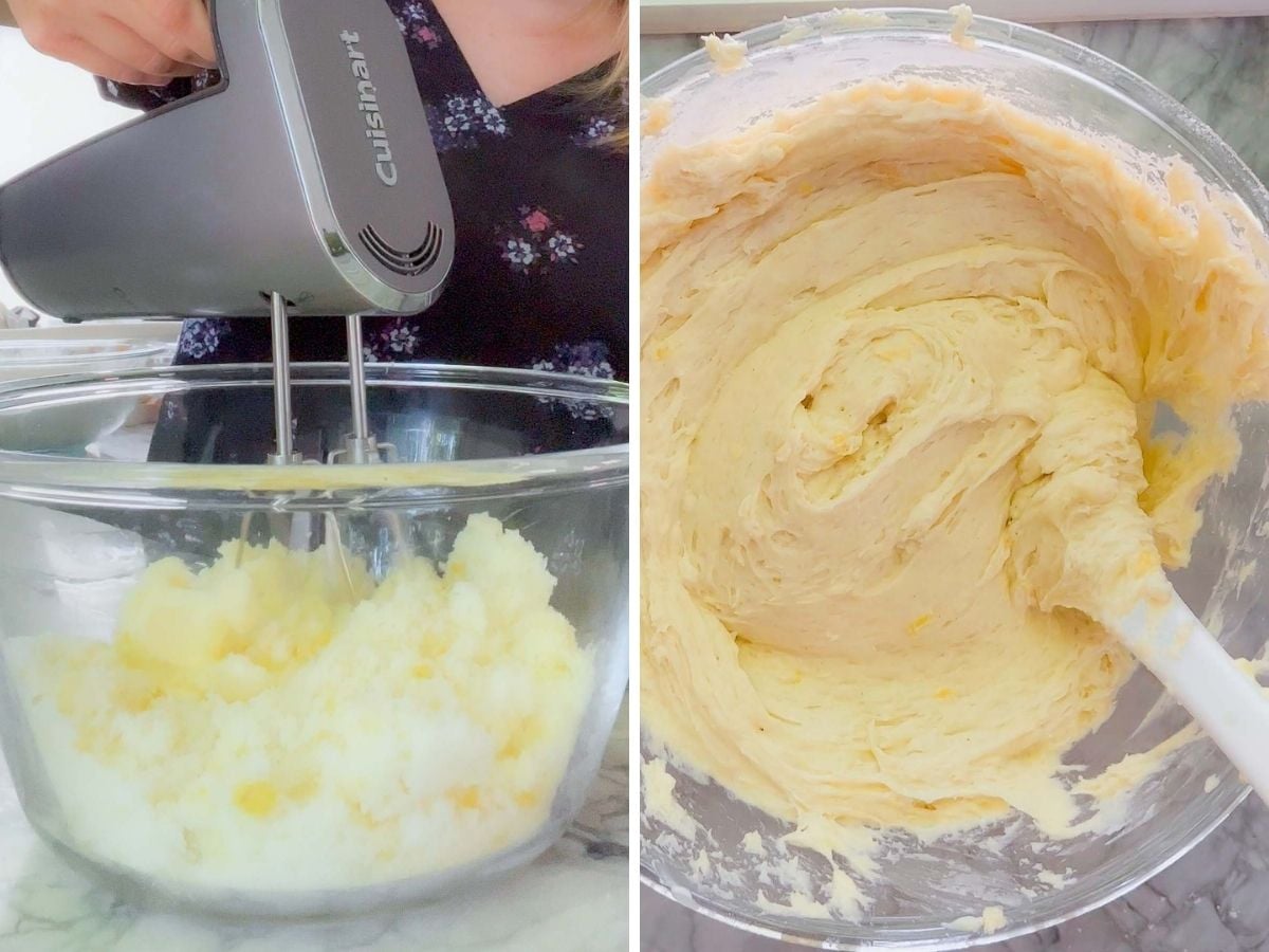 Left: A person uses a Cuisinart hand mixer to blend ingredients for a gluten-free lemon drizzle cake in a glass bowl. Right: Thick, pale yellow batter with a spatula in a glass bowl, shown from above on a marble countertop.
