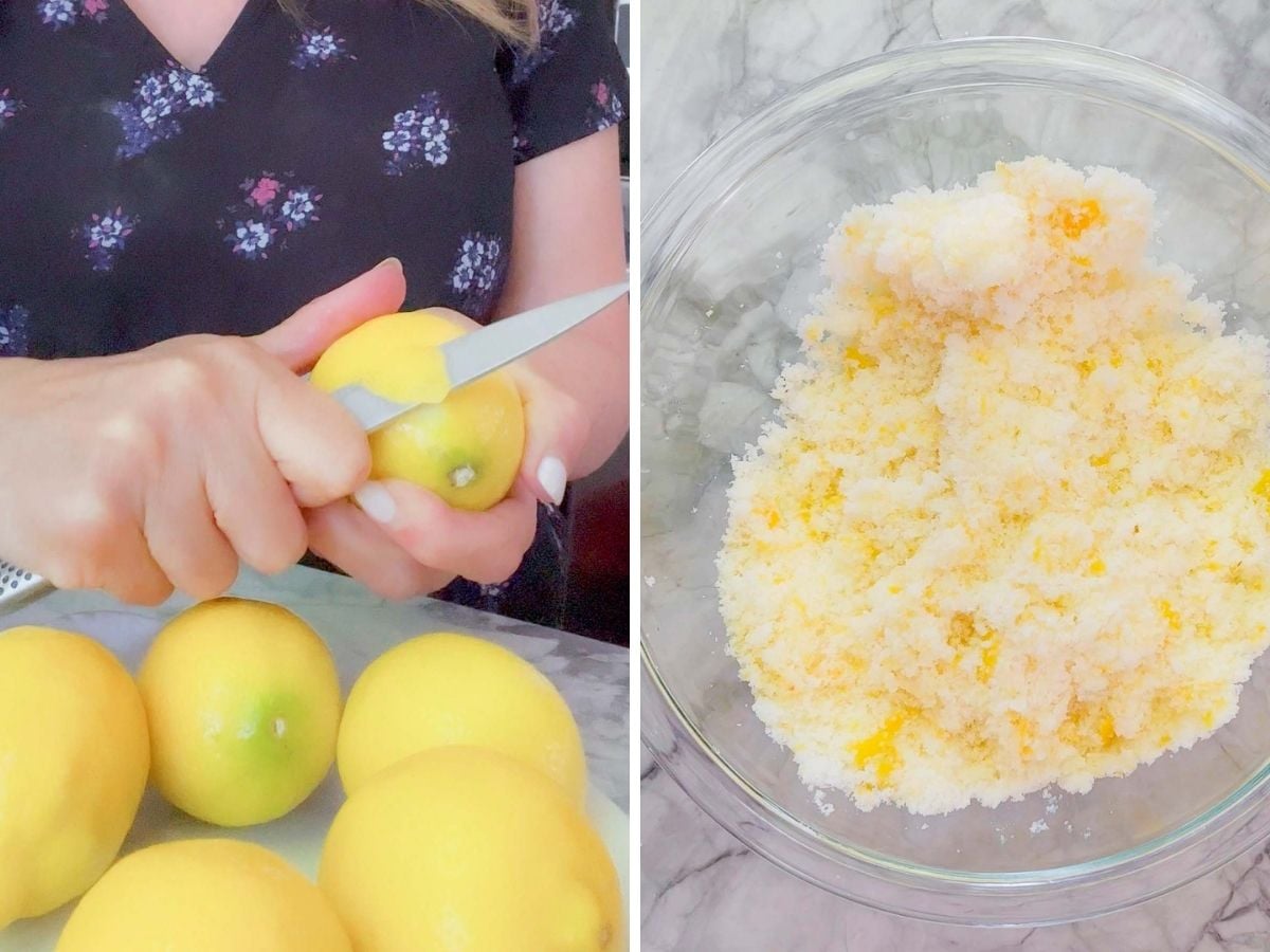 On the left, a person peels a lemon for a gluten-free lemon drizzle cake, with whole lemons on the counter. On the right, a glass bowl holds grated lemon zest and sugar on a marble surface.