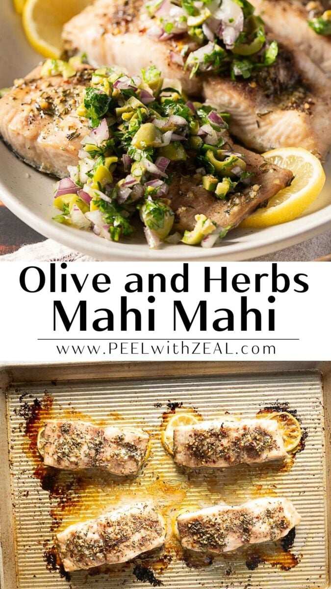 Two images: Top shows cooked mahi mahi fillets topped with an olive and herb mixture on lemon slices. Bottom displays four seasoned fillets on a baking sheet, ready for this easy baked mahi mahi recipe.
