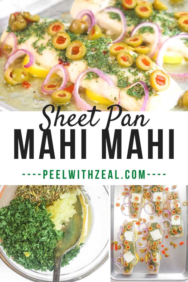 baked mahi fillets with olives and onion on a sheet pan