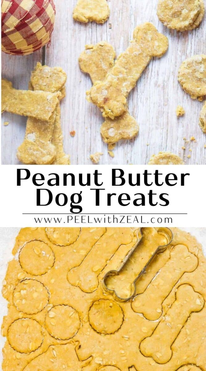 Homemade bone-shaped Dehydrated Dog Treats made with peanut butter rest on a wooden surface, with some treats freshly cut from dough using a bone-shaped cookie cutter.
