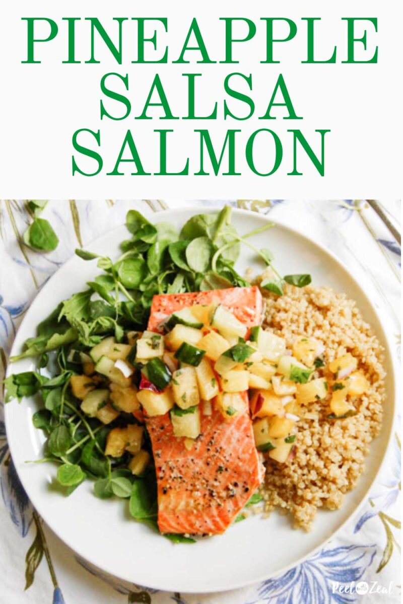 piece of salmon with pineapple salsa served with quinoa and greens