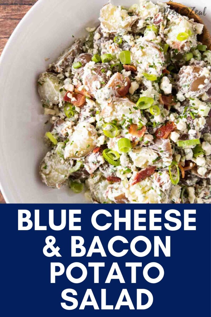 blue cheese potato salad in a serving bowl