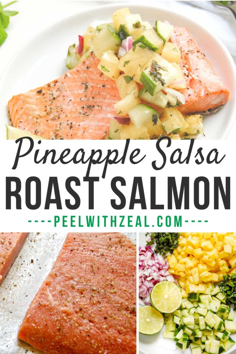 piece of salmon with pineapple salsa on a white plate