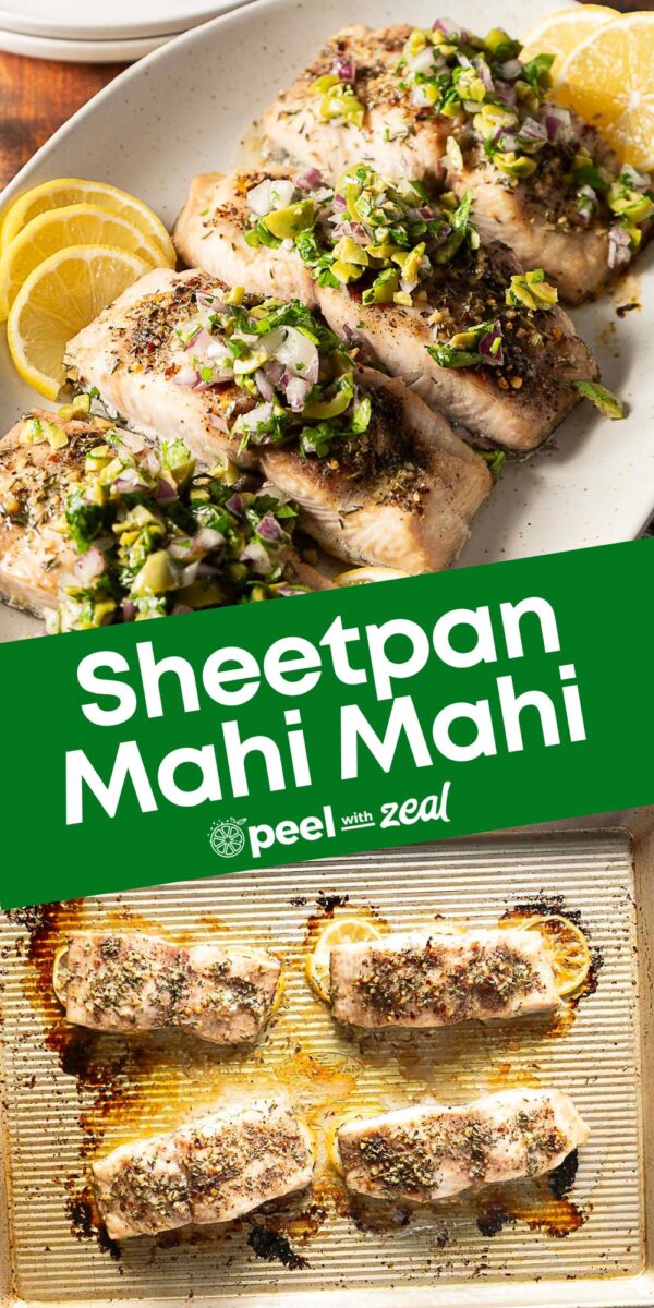 A plate of baked mahi mahi fillets topped with chopped herbs and red onions, garnished with lemon slices, and four fillets shown baking on a sheet pan. Text reads "Sheetpan Mahi Mahi baked mahi mahi recipe.