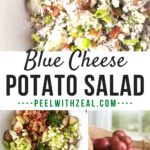 blue cheese potato salad in a serving bowl with a bag of potatoes