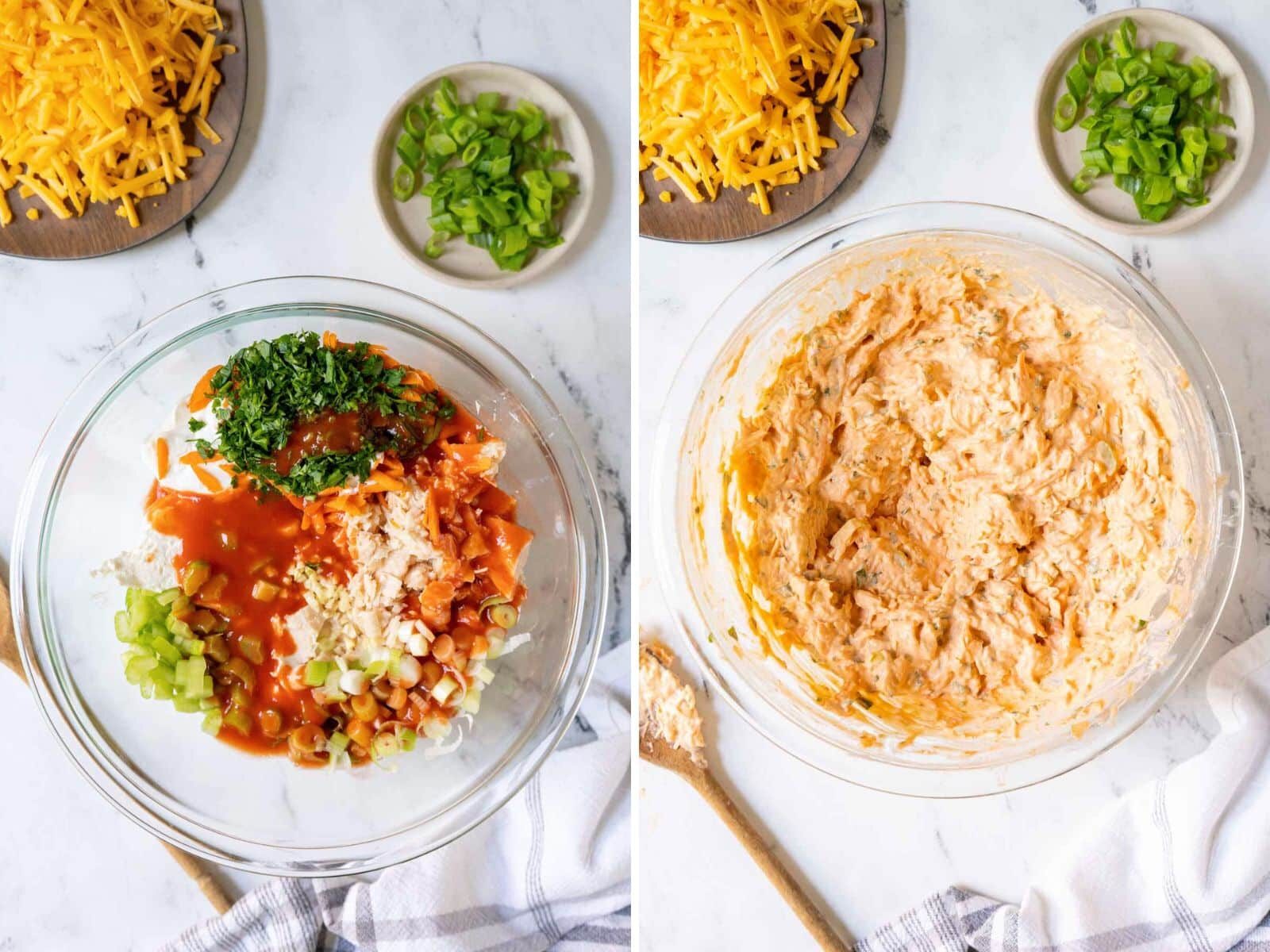 Two bowls illustrating healthy buffalo chicken dip prep: Left bowl with mixed creamy orange dip; right bowl with unmixed cream cheese, hot sauce, herbs, and chopped veggies. Cheddar and green onions wait on the side for their flavorful debut.