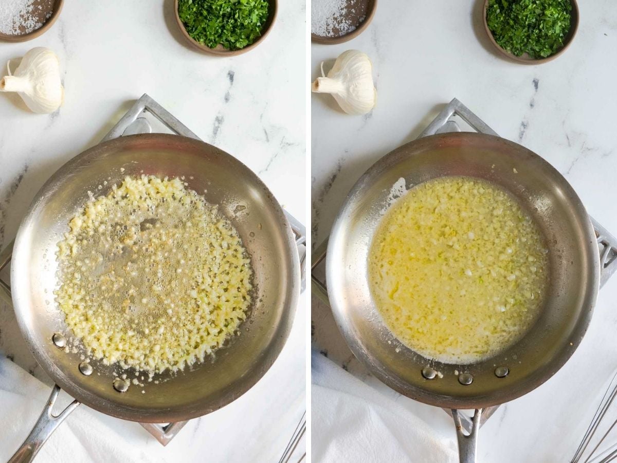 Side-by-side images of a skillet on a stovetop with chopped garlic cooking in melted butter, surrounded by bowls of chopped herbs and garlic cloves, perfectly capturing the start of a flavorful garlic butter sauce.