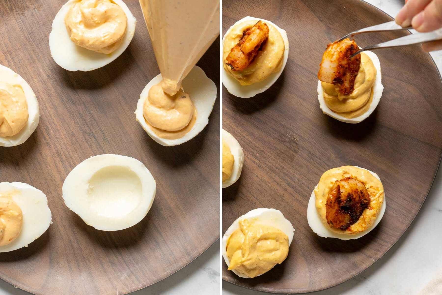 Filling the egg white halves with a pastry bag.