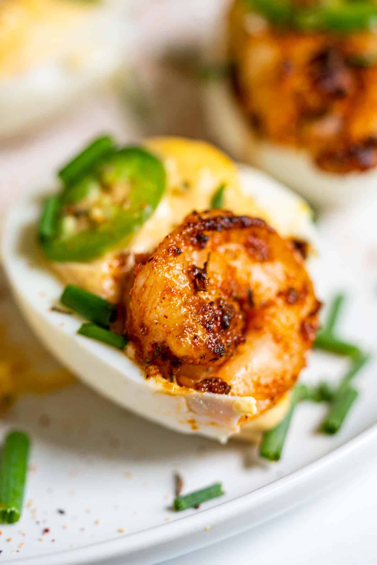 Spiced shrimp on deviled egg.