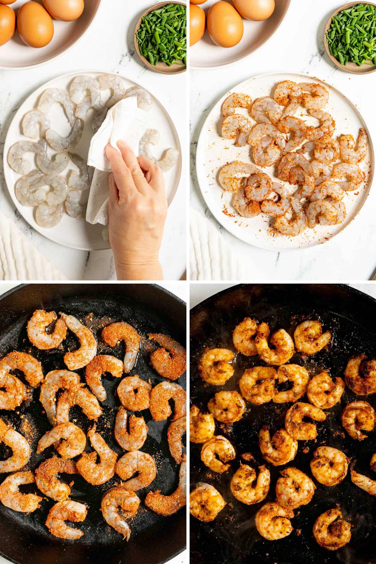 Prepping and searing shrimp in a cast iron pan.