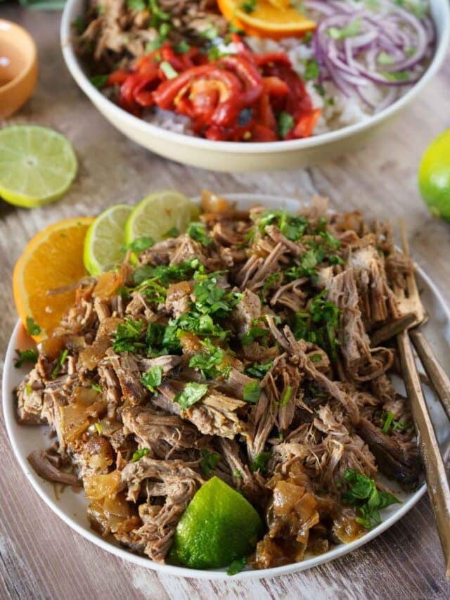 Shredded beef with garnished with cilantro on a plate.