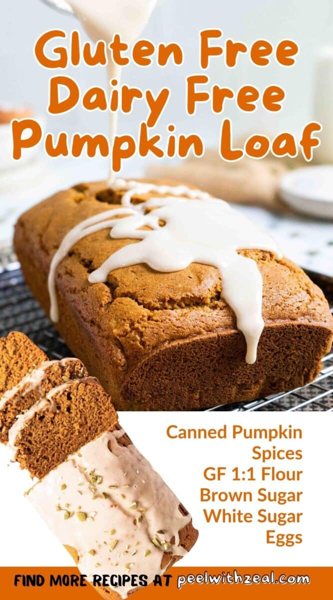 A freshly baked gluten-free pumpkin bread with a sweet glaze rests on a cooling rack. Surrounding it are the key ingredients: canned pumpkin, warm spices, GF 1:1 flour, brown sugar, white sugar, and eggs—ready to inspire your next fall baking adventure.