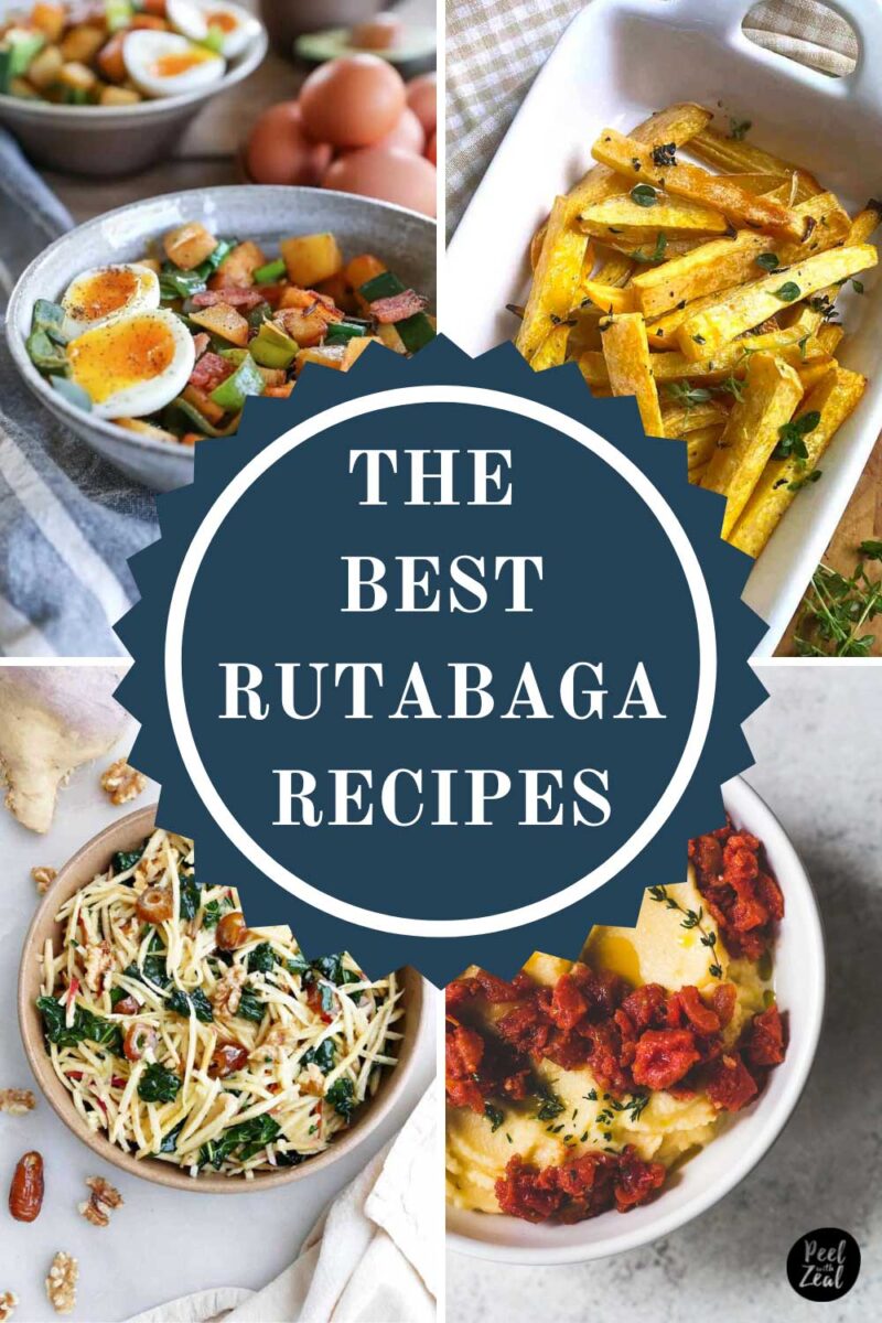 Collage of 4 different rutabaga dishes.