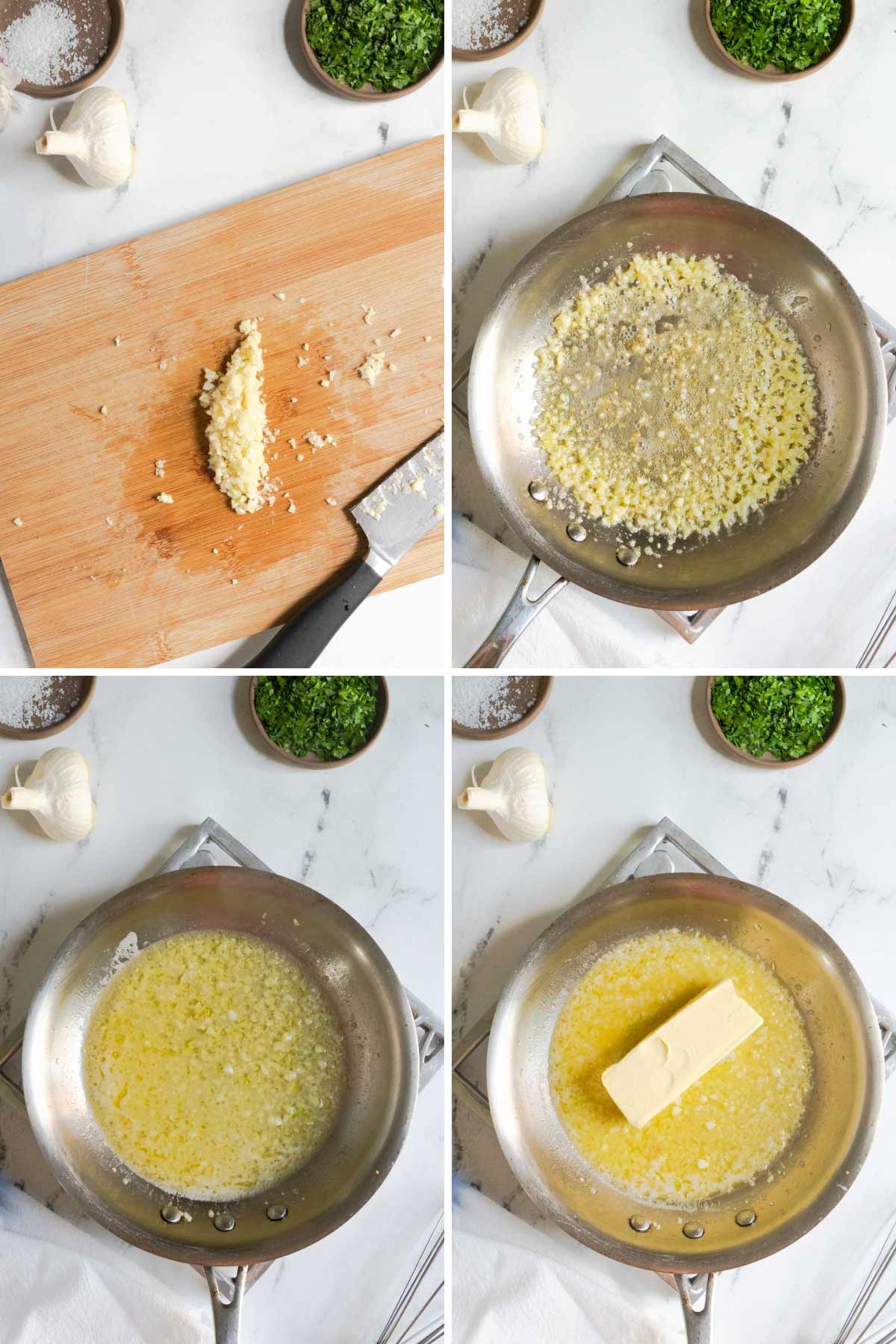 Chopping and sautéing garlic in a pan.