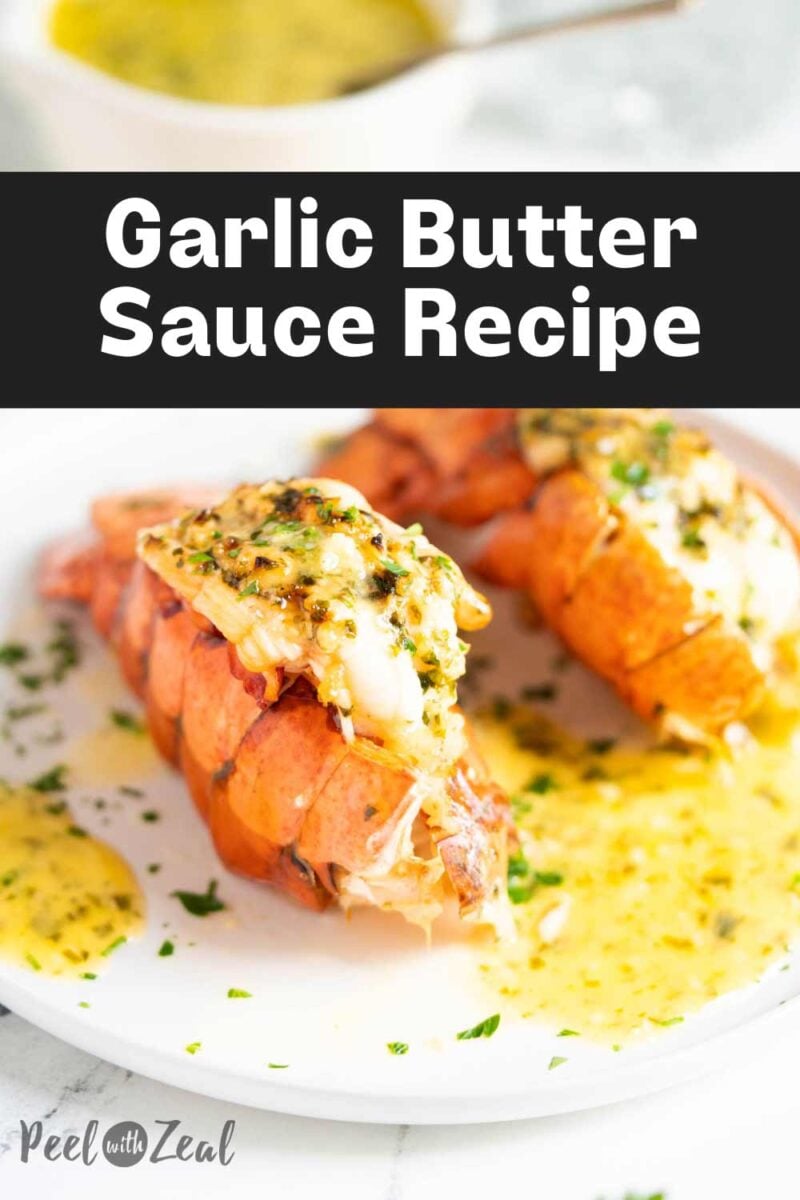 Lobster tails with melted butter on a plate.
