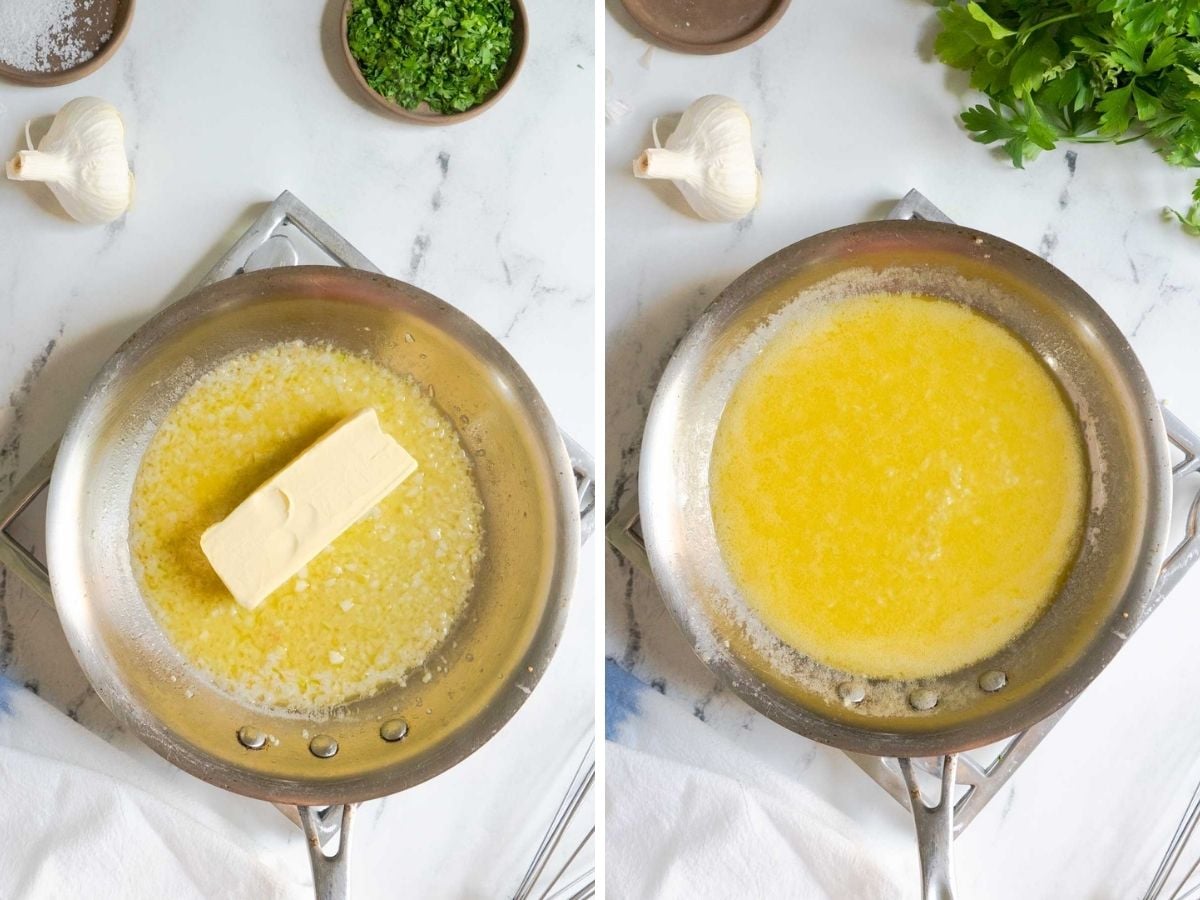 Two side-by-side images show a stick of butter beginning to melt in a pan on the left and fully melted butter in the pan on the right.