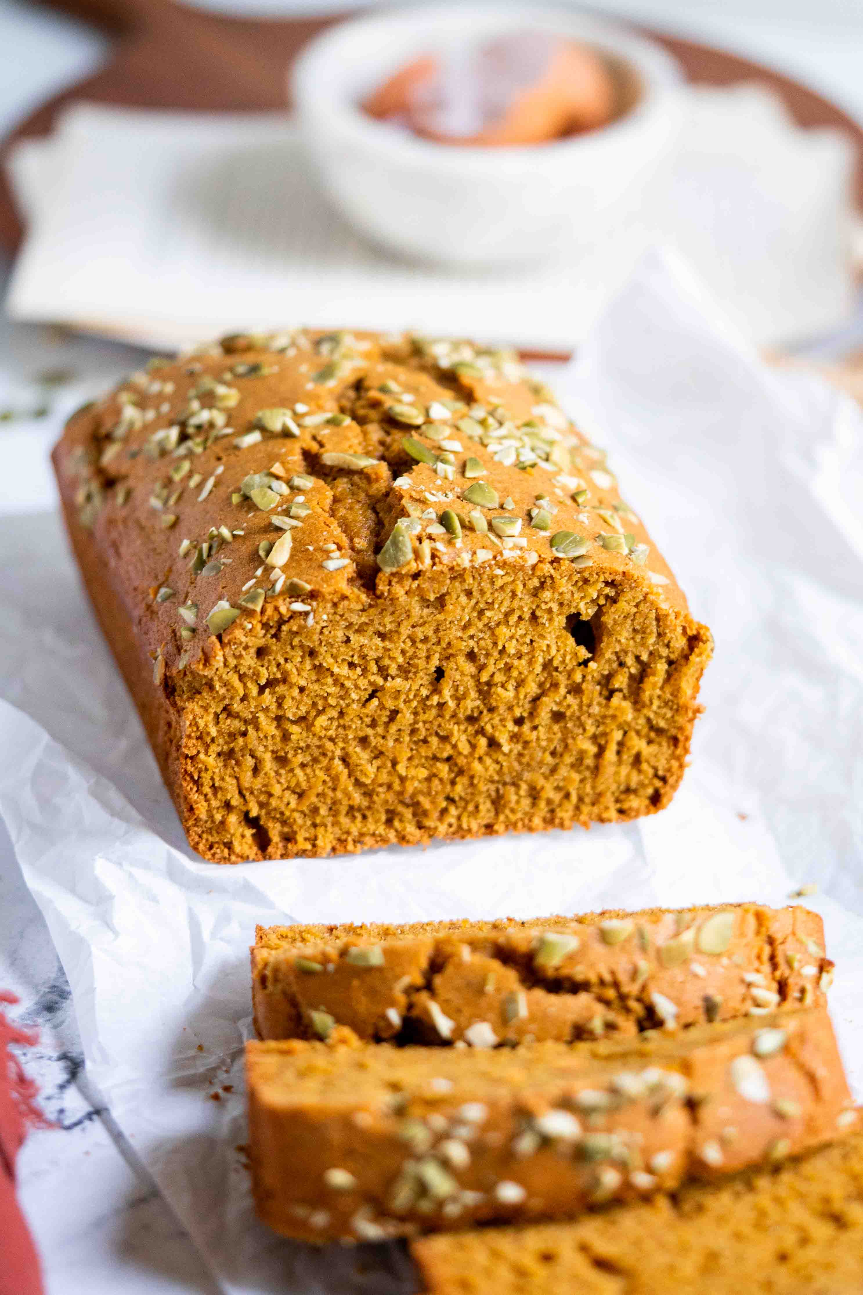 pumpkin bread cut in half.